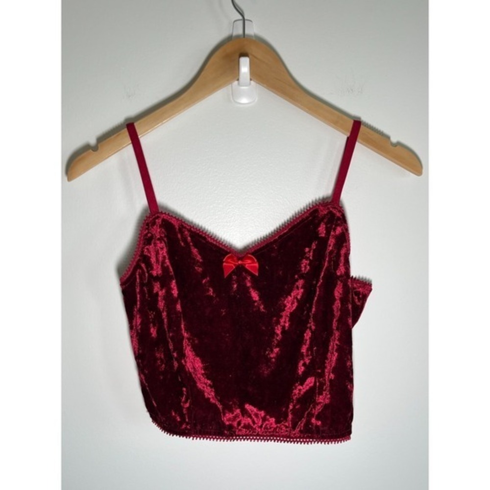 Whimsigoth Fairy Vampire Witchy Velvet Womens Y2K Cami Top Bow Lace Trim Red M